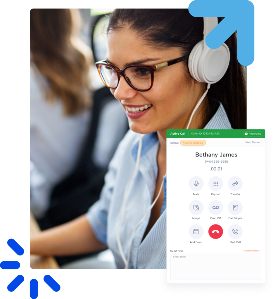 Customer service representative wearing a headset and smiling while assisting a client over the phone