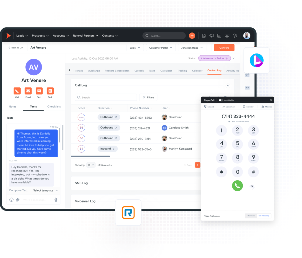 Shape dashboard with key metrics, lead statuses, and customer interaction details